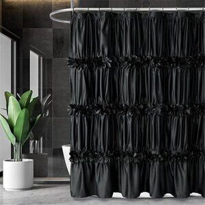 Black Ruffle Shower Curtain, Vintage Handcrafted Bow Tie Bath Curtain